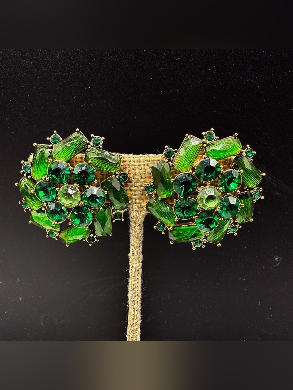 Vintage Monet Emerald Green Crystal Cluster Clip-On Earrings - Picture 2 of 5